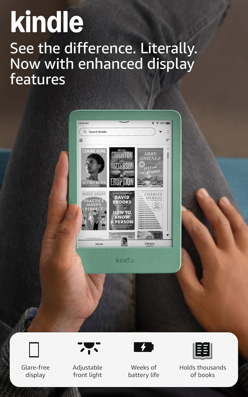 Amazon Kindle 16 GB (newest model) - Lightest and most compact Kindle, now with faster page turns, and higher contrast ratio, for an enhanced reading experience - Matcha