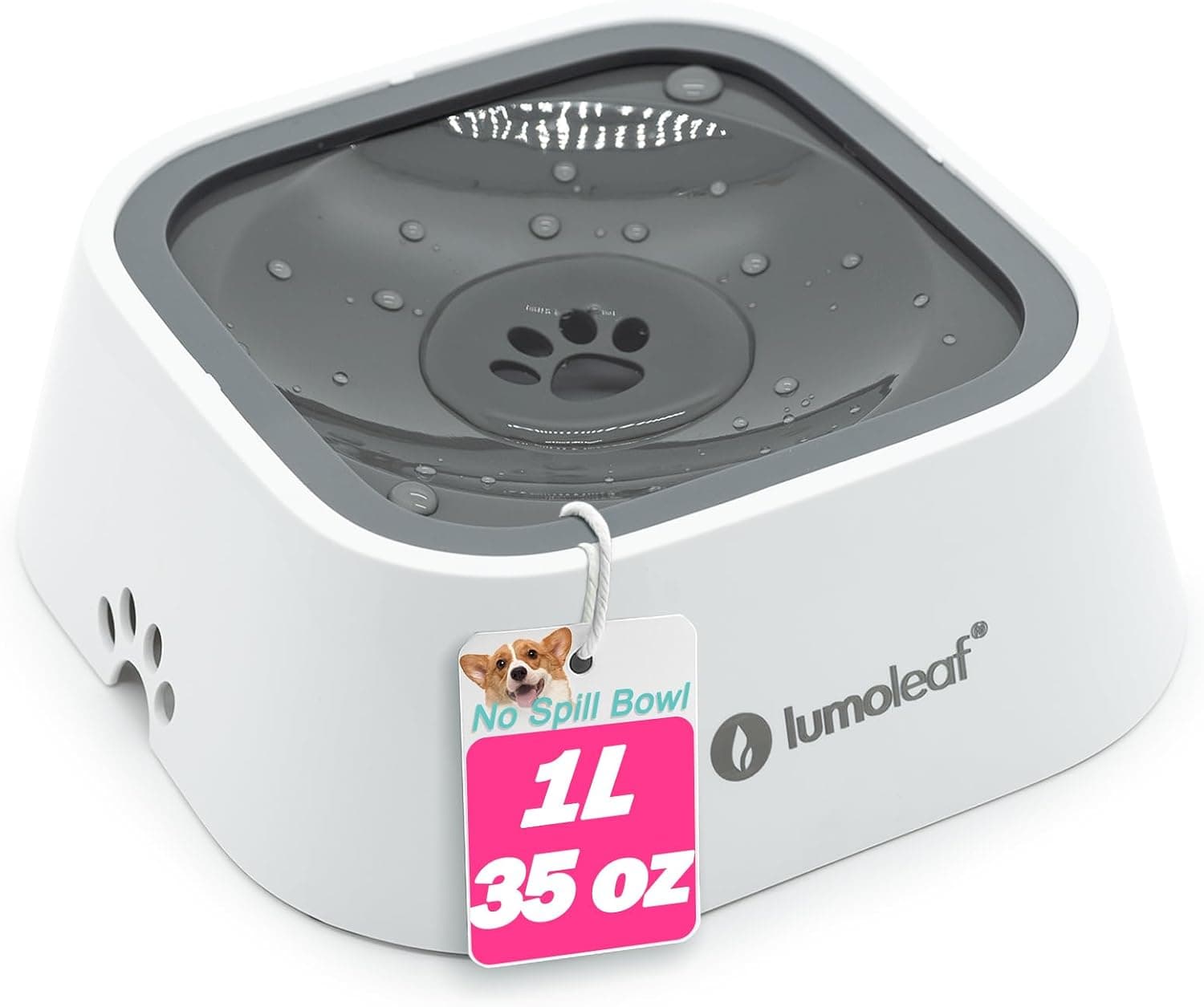 LumoLeaf No Spill Water Bowl for Dogs, Slow Feeder for Messy Drinkers, Drip-Free, Splash-Proof Design (Grey, 35oz)