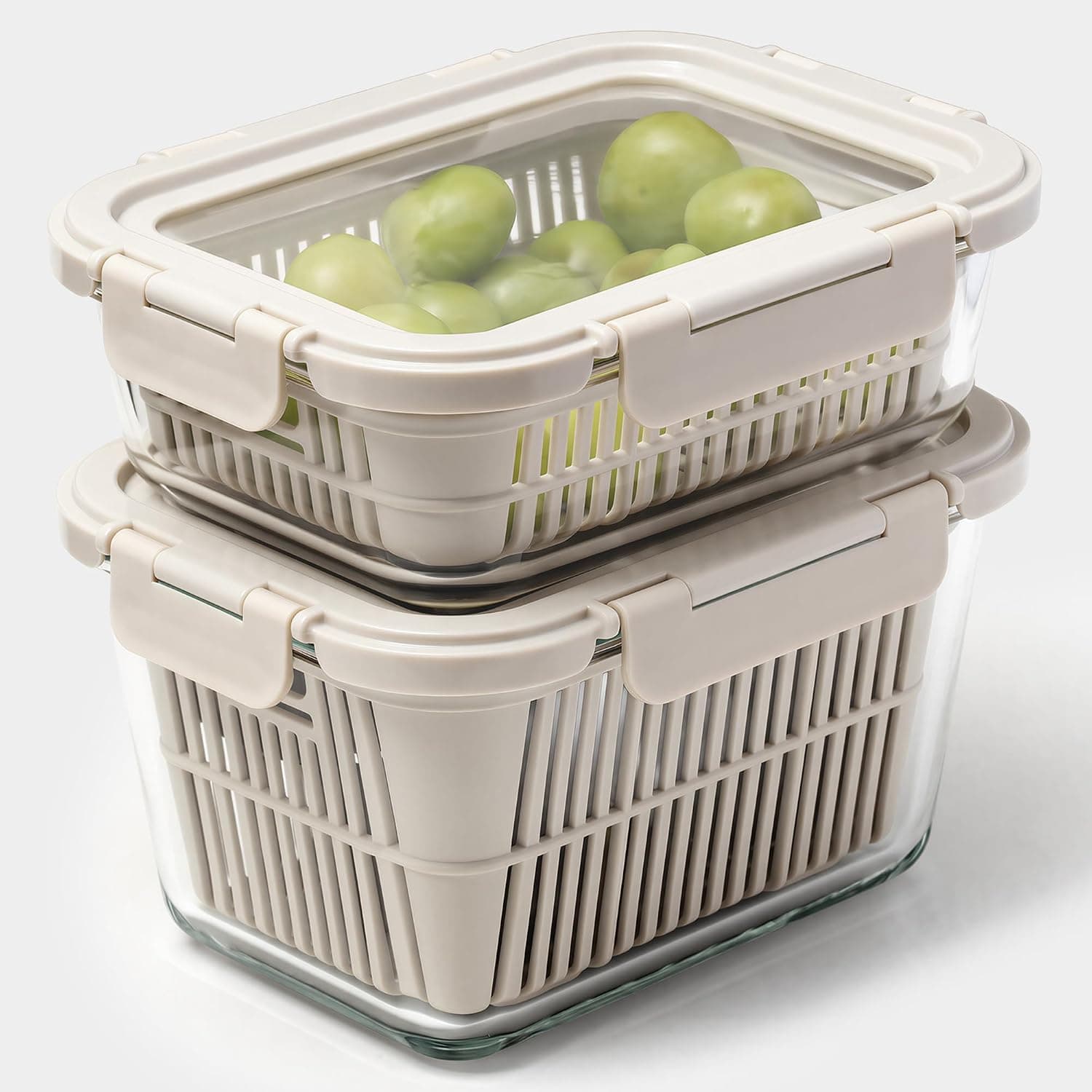 GENICOOK Glass Produce Storage Containers for Fridge, 2-Pack – Airtight Fruit & Vegetable Containers with Removable Colanders, Flexible Silicone Lids,LeakProof, BPA-Free Borosilicate Glass